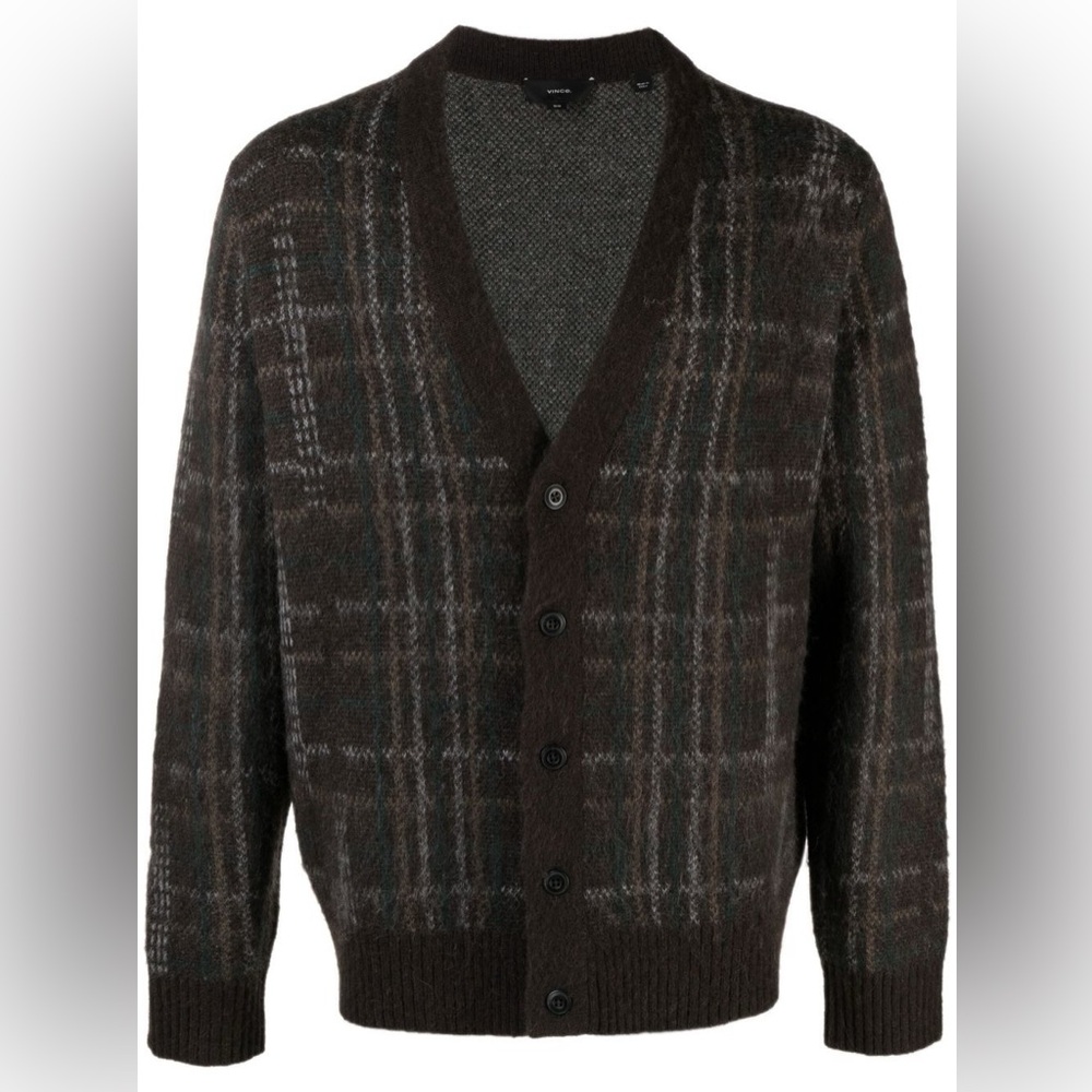 Vince Brown Broken Plaid / Check Pattern Cardigan In Dark Palomar - Alpaca Blend